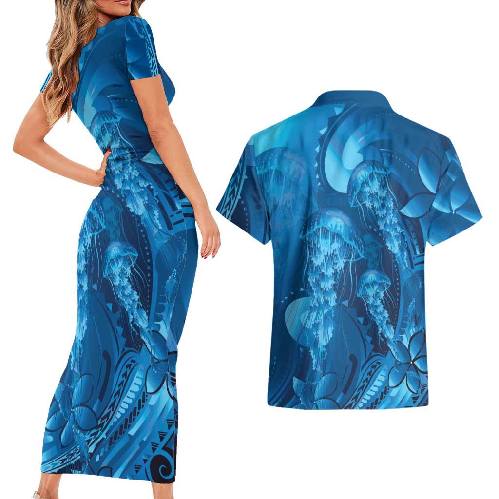 Blue Gradient Polynesia Jellyfish Couples Matching Short Sleeve Bodycon Dress and Hawaiian Shirt Plumeria Polynesian Tattoo Glowing Vibes LT14 - Polynesian Pride
