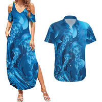 Blue Gradient Polynesia Jellyfish Couples Matching Summer Maxi Dress and Hawaiian Shirt Plumeria Polynesian Tattoo Glowing Vibes LT14 Blue - Polynesian Pride