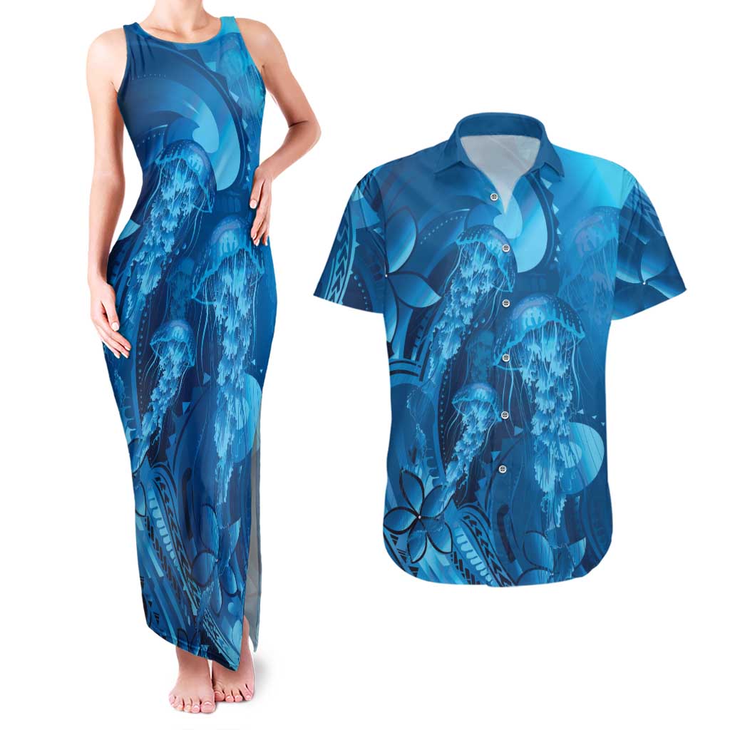 Blue Gradient Polynesia Jellyfish Couples Matching Tank Maxi Dress and Hawaiian Shirt Plumeria Polynesian Tattoo Glowing Vibes LT14 Blue - Polynesian Pride