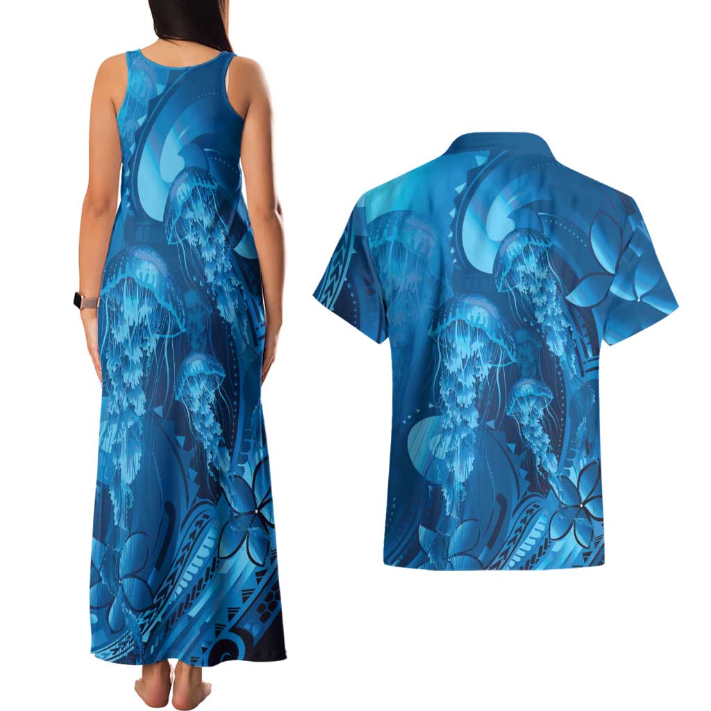 Blue Gradient Polynesia Jellyfish Couples Matching Tank Maxi Dress and Hawaiian Shirt Plumeria Polynesian Tattoo Glowing Vibes LT14 - Polynesian Pride