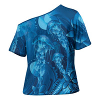 Blue Gradient Polynesia Jellyfish Cross Shoulder Shirt Plumeria Polynesian Tattoo Glowing Vibes