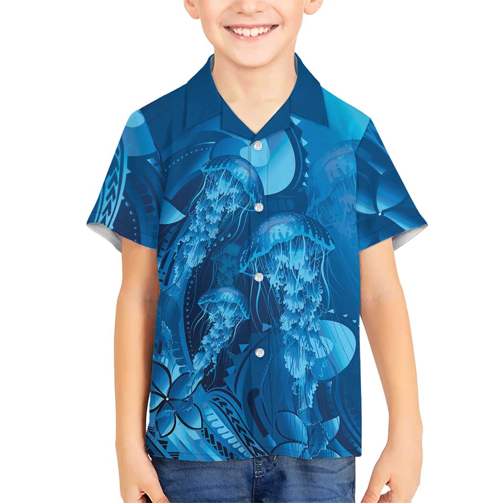 Blue Gradient Polynesia Jellyfish Family Matching Mermaid Dress and Hawaiian Shirt Plumeria Polynesian Tattoo Glowing Vibes