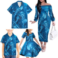 Blue Gradient Polynesia Jellyfish Family Matching Off The Shoulder Long Sleeve Dress and Hawaiian Shirt Plumeria Polynesian Tattoo Glowing Vibes