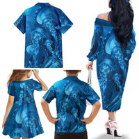 Blue Gradient Polynesia Jellyfish Family Matching Off The Shoulder Long Sleeve Dress and Hawaiian Shirt Plumeria Polynesian Tattoo Glowing Vibes