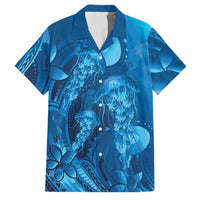Blue Gradient Polynesia Jellyfish Family Matching Off The Shoulder Long Sleeve Dress and Hawaiian Shirt Plumeria Polynesian Tattoo Glowing Vibes