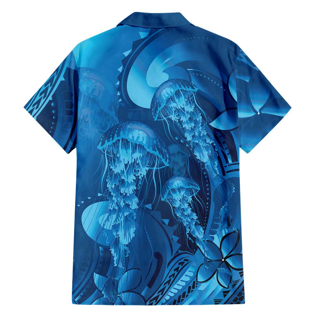 Blue Gradient Polynesia Jellyfish Family Matching Off The Shoulder Long Sleeve Dress and Hawaiian Shirt Plumeria Polynesian Tattoo Glowing Vibes