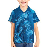 Blue Gradient Polynesia Jellyfish Family Matching Off The Shoulder Long Sleeve Dress and Hawaiian Shirt Plumeria Polynesian Tattoo Glowing Vibes