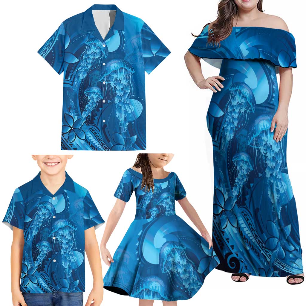 Blue Gradient Polynesia Jellyfish Family Matching Off Shoulder Maxi Dress and Hawaiian Shirt Plumeria Polynesian Tattoo Glowing Vibes