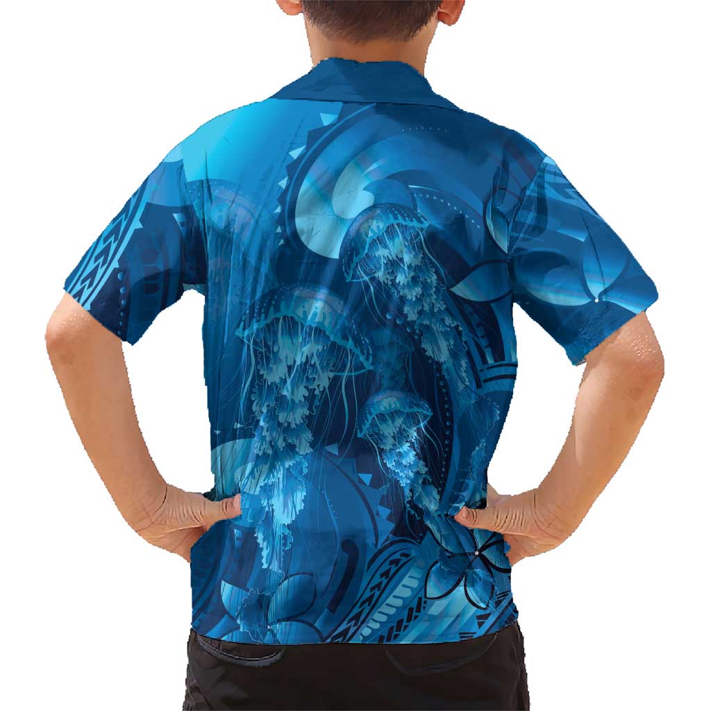 Blue Gradient Polynesia Jellyfish Family Matching Off Shoulder Short Dress and Hawaiian Shirt Plumeria Polynesian Tattoo Glowing Vibes LT14 - Polynesian Pride