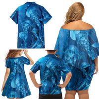 Blue Gradient Polynesia Jellyfish Family Matching Off Shoulder Short Dress and Hawaiian Shirt Plumeria Polynesian Tattoo Glowing Vibes LT14 - Polynesian Pride