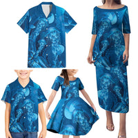 Blue Gradient Polynesia Jellyfish Family Matching Puletasi and Hawaiian Shirt Plumeria Polynesian Tattoo Glowing Vibes LT14 - Polynesian Pride