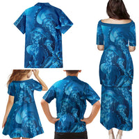 Blue Gradient Polynesia Jellyfish Family Matching Puletasi and Hawaiian Shirt Plumeria Polynesian Tattoo Glowing Vibes LT14 - Polynesian Pride