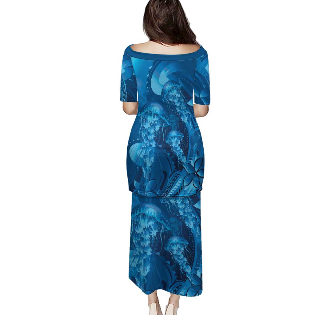 Blue Gradient Polynesia Jellyfish Family Matching Puletasi and Hawaiian Shirt Plumeria Polynesian Tattoo Glowing Vibes LT14 - Polynesian Pride