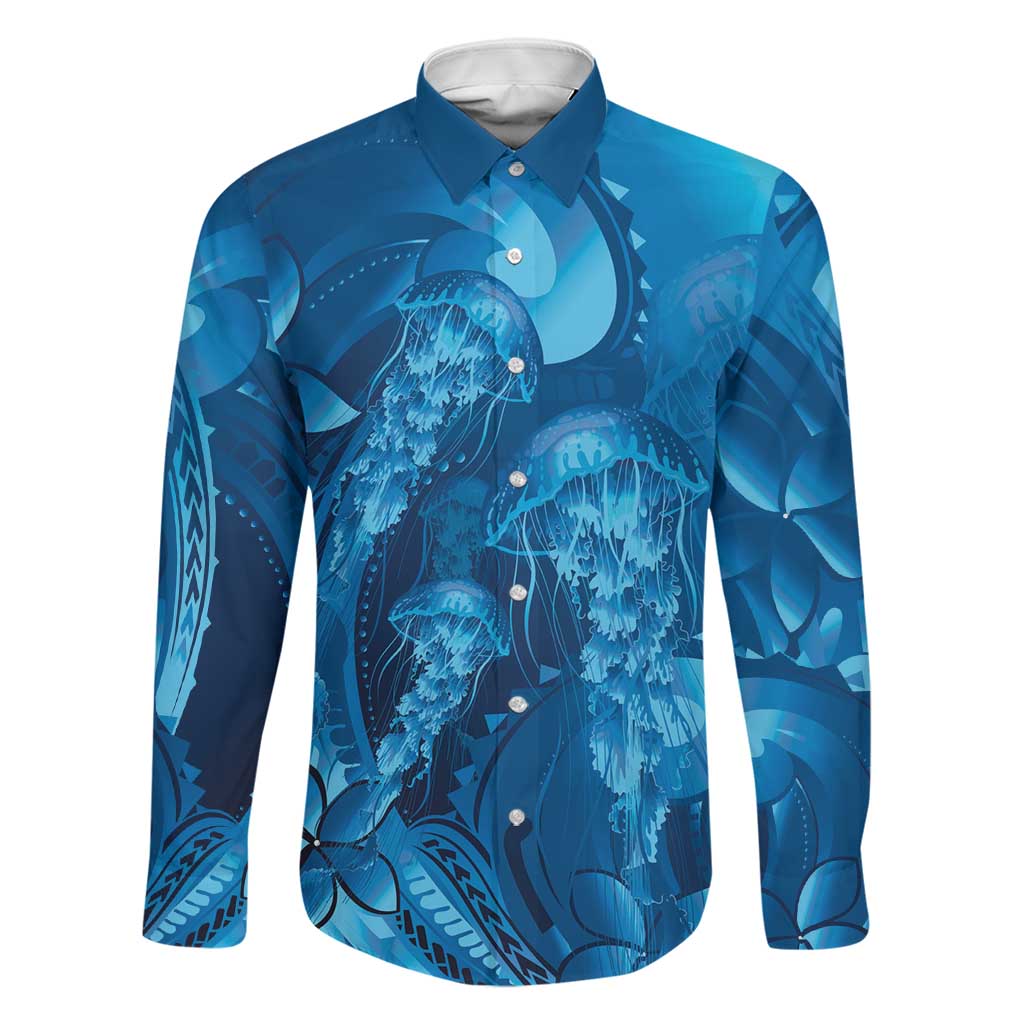 Blue Gradient Polynesia Jellyfish Family Matching Short Sleeve Bodycon Dress and Hawaiian Shirt Plumeria Polynesian Tattoo Glowing Vibes