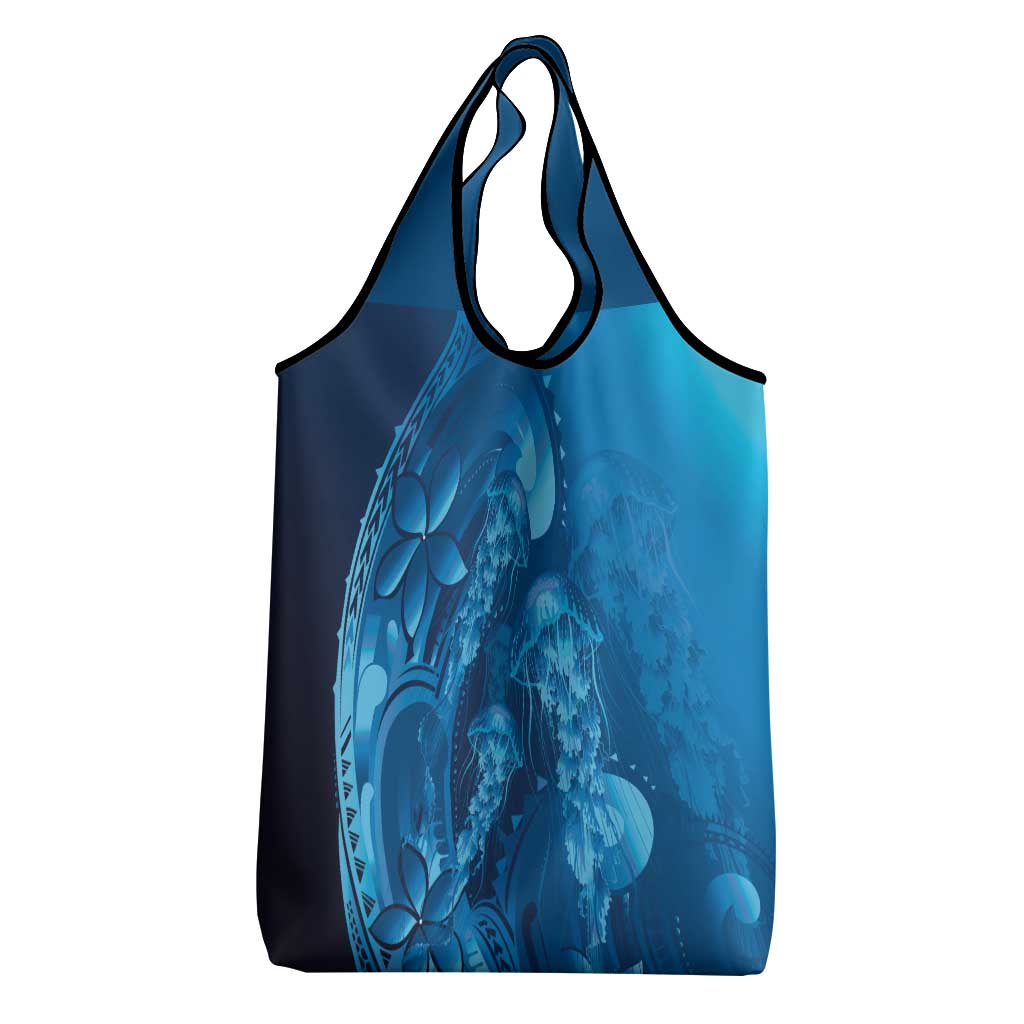 Blue Gradient Polynesia Jellyfish Grocery Bag Plumeria Polynesian Tattoo Glowing Vibes