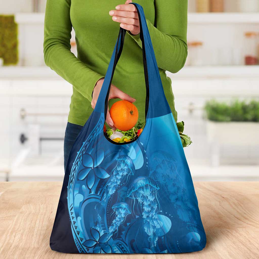 Blue Gradient Polynesia Jellyfish Grocery Bag Plumeria Polynesian Tattoo Glowing Vibes