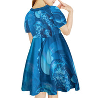 Blue Gradient Polynesia Jellyfish Kid Short Sleeve Dress Plumeria Polynesian Tattoo Glowing Vibes