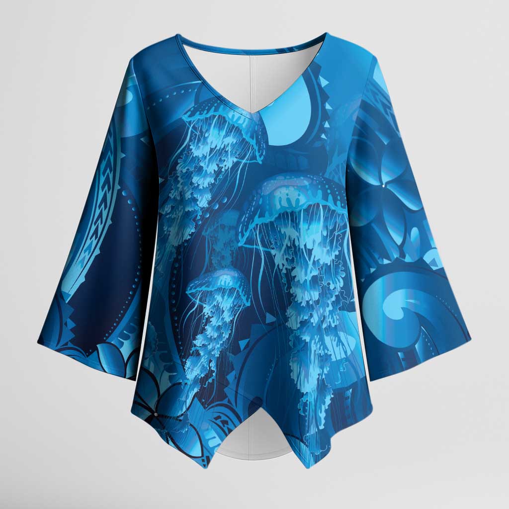 Blue Gradient Polynesia Jellyfish Kimono Sleeve Blouse Plumeria Polynesian Tattoo Glowing Vibes