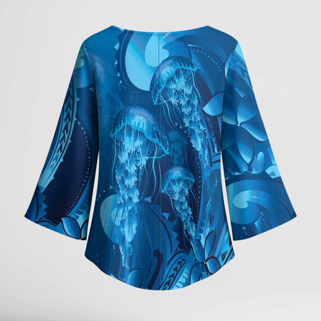 Blue Gradient Polynesia Jellyfish Kimono Sleeve Blouse Plumeria Polynesian Tattoo Glowing Vibes