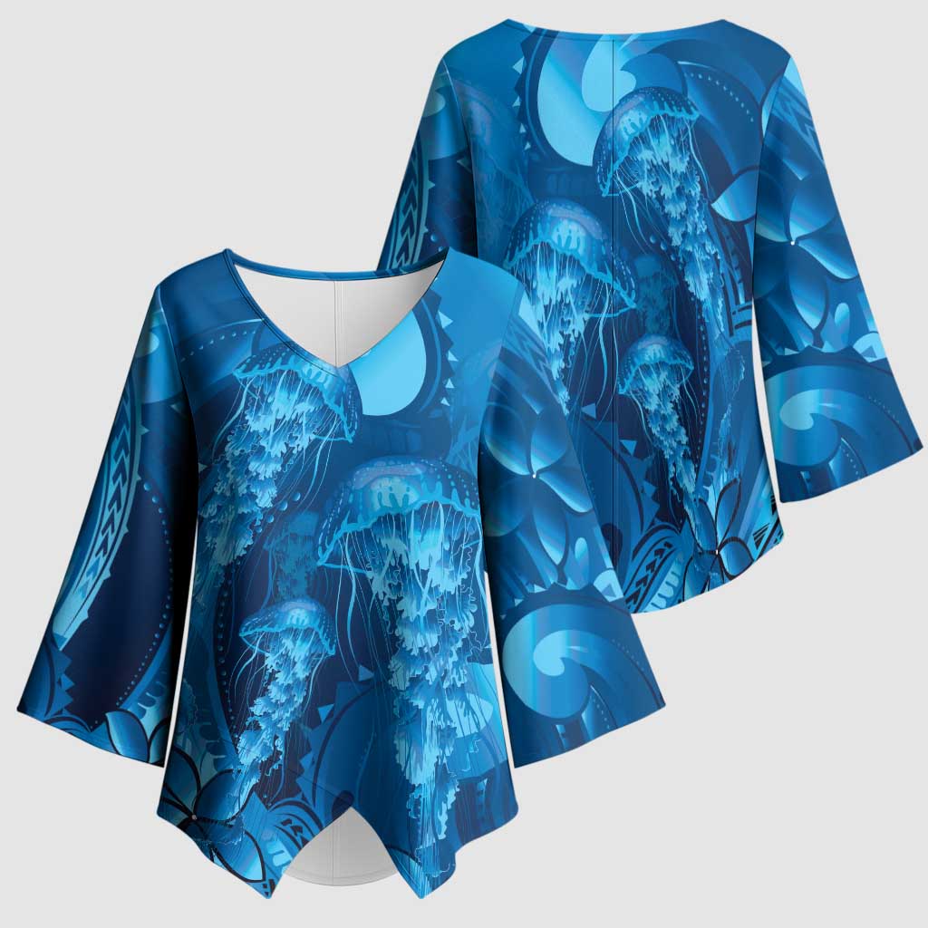 Blue Gradient Polynesia Jellyfish Kimono Sleeve Blouse Plumeria Polynesian Tattoo Glowing Vibes