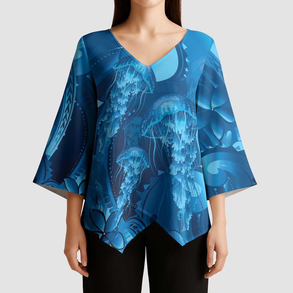Blue Gradient Polynesia Jellyfish Kimono Sleeve Blouse Plumeria Polynesian Tattoo Glowing Vibes