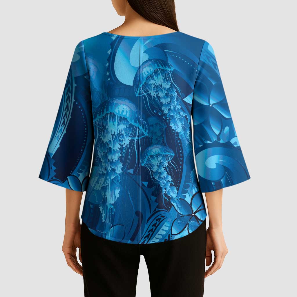 Blue Gradient Polynesia Jellyfish Kimono Sleeve Blouse Plumeria Polynesian Tattoo Glowing Vibes