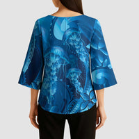 Blue Gradient Polynesia Jellyfish Kimono Sleeve Blouse Plumeria Polynesian Tattoo Glowing Vibes
