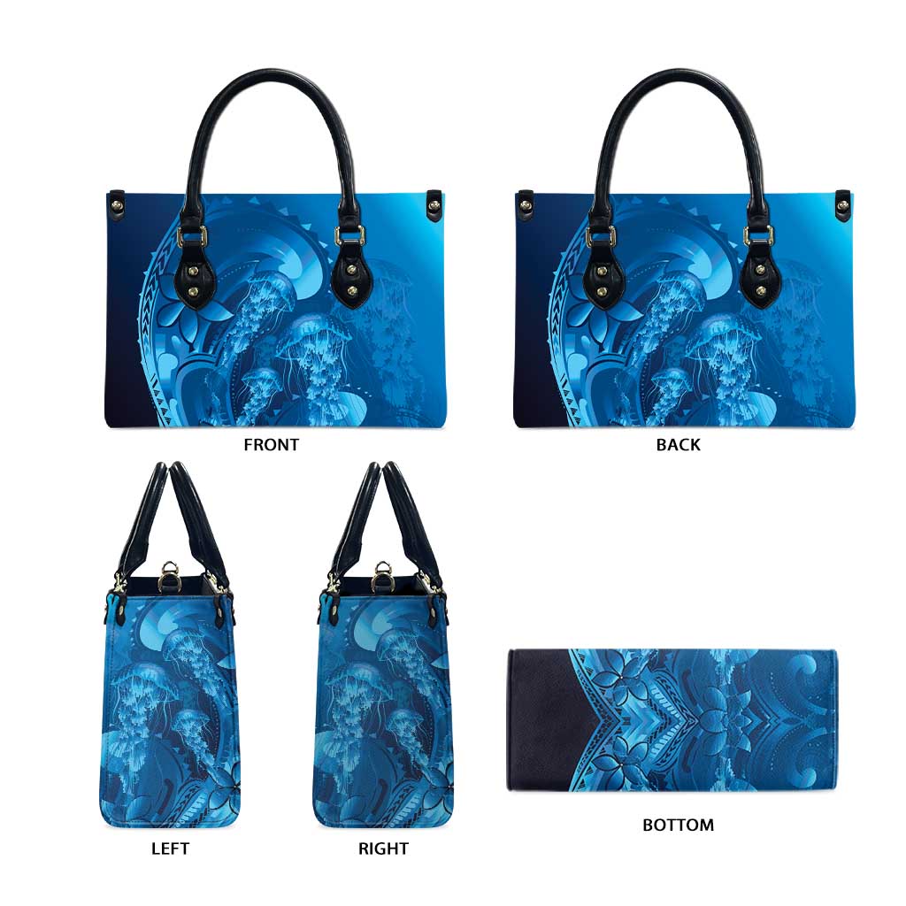 Blue Gradient Polynesia Jellyfish Leather Bag Plumeria Polynesian Tattoo Glowing Vibes