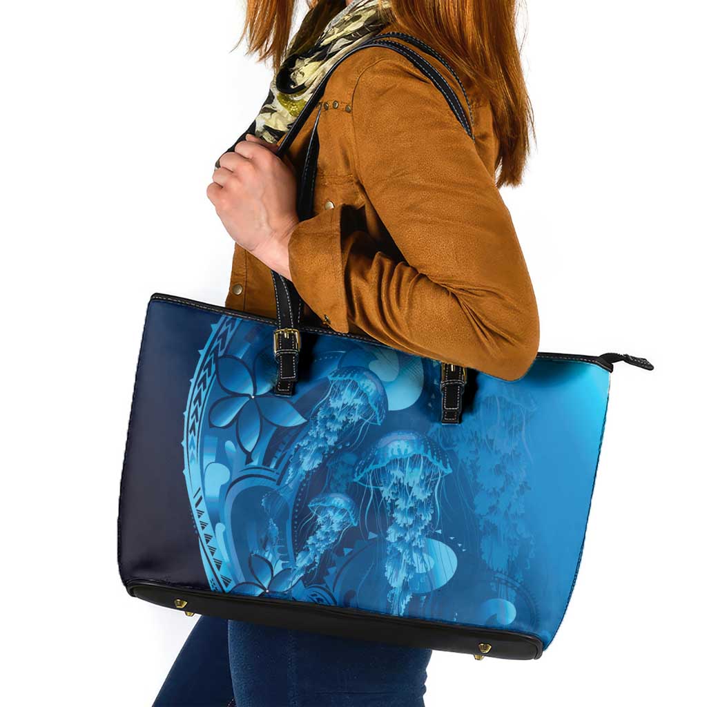Blue Gradient Polynesia Jellyfish Leather Tote Bag Plumeria Polynesian Tattoo Glowing Vibes