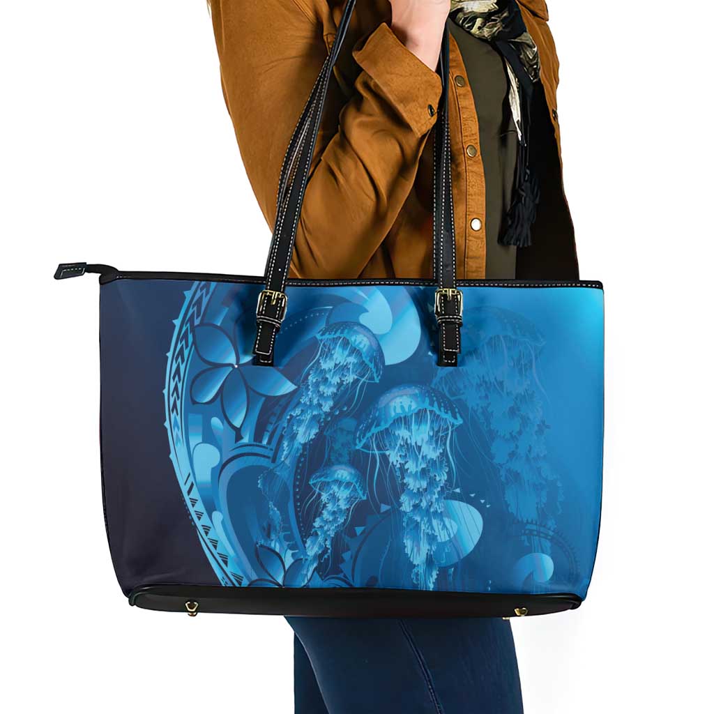 Blue Gradient Polynesia Jellyfish Leather Tote Bag Plumeria Polynesian Tattoo Glowing Vibes