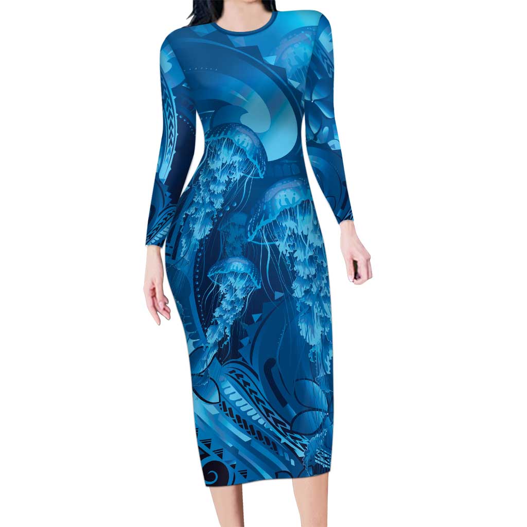 Blue Gradient Polynesia Jellyfish Long Sleeve Bodycon Dress Plumeria Polynesian Tattoo Glowing Vibes