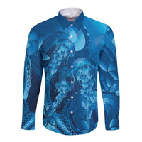 Blue Gradient Polynesia Jellyfish Long Sleeve Button Shirt Plumeria Polynesian Tattoo Glowing Vibes LT14 Unisex Blue - Polynesian Pride