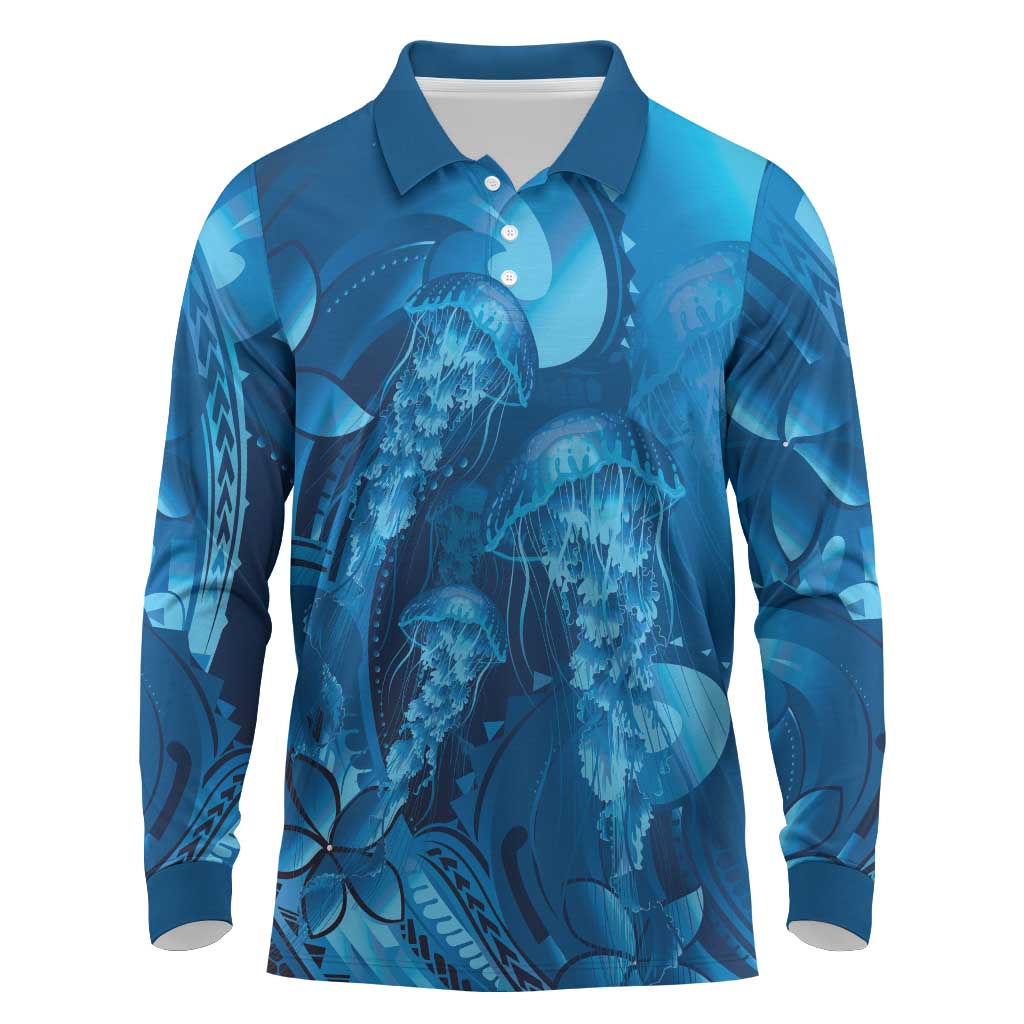 Blue Gradient Polynesia Jellyfish Long Sleeve Polo Shirt Plumeria Polynesian Tattoo Glowing Vibes