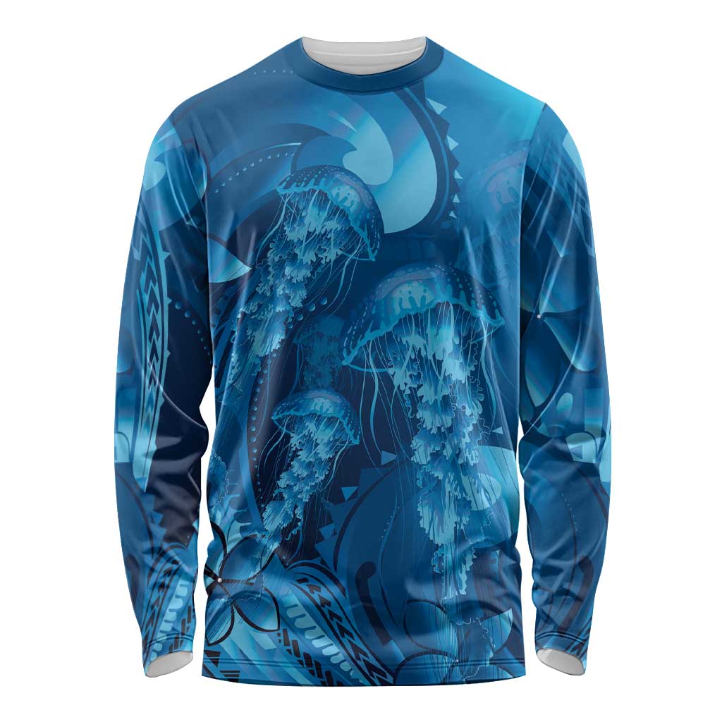 Blue Gradient Polynesia Jellyfish Long Sleeve Shirt Plumeria Polynesian Tattoo Glowing Vibes LT14 Unisex Blue - Polynesian Pride