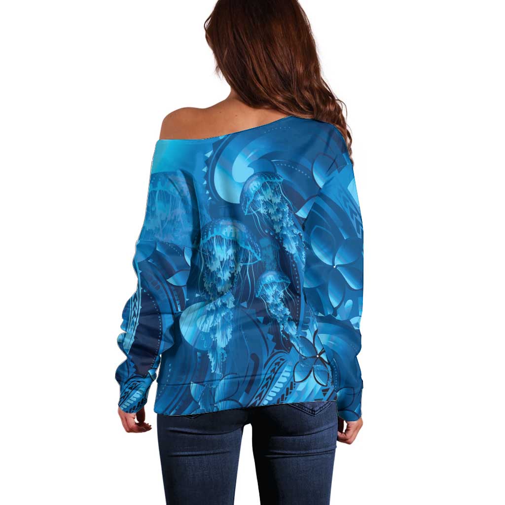 Blue Gradient Polynesia Jellyfish Off Shoulder Sweater Plumeria Polynesian Tattoo Glowing Vibes