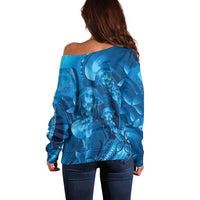 Blue Gradient Polynesia Jellyfish Off Shoulder Sweater Plumeria Polynesian Tattoo Glowing Vibes