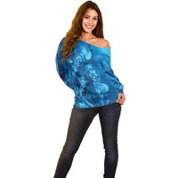 Blue Gradient Polynesia Jellyfish Off Shoulder Sweater Plumeria Polynesian Tattoo Glowing Vibes