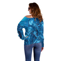 Blue Gradient Polynesia Jellyfish Off Shoulder Sweater Plumeria Polynesian Tattoo Glowing Vibes