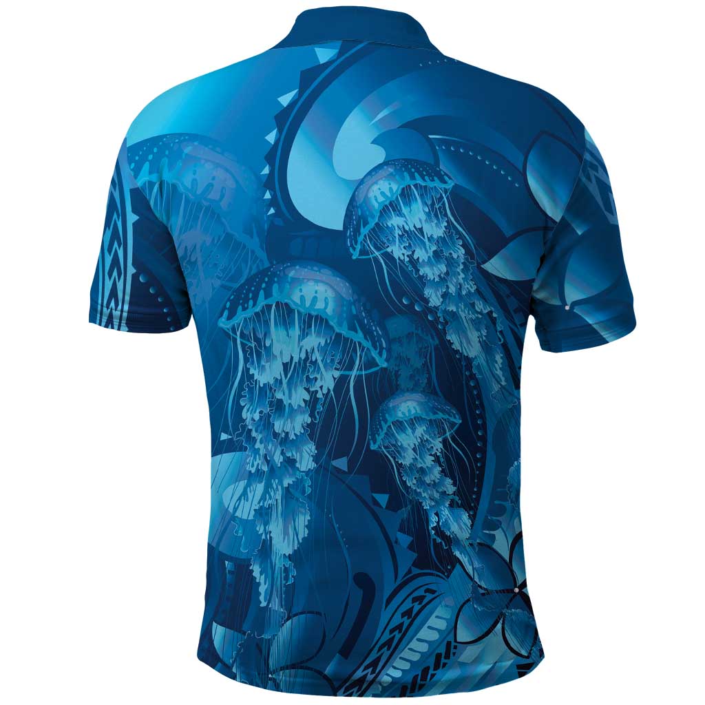 Blue Gradient Polynesia Jellyfish Polo Shirt Plumeria Polynesian Tattoo Glowing Vibes