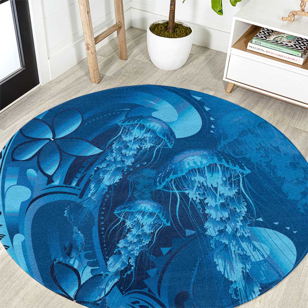 Blue Gradient Polynesia Jellyfish Round Carpet Plumeria Polynesian Tattoo Glowing Vibes