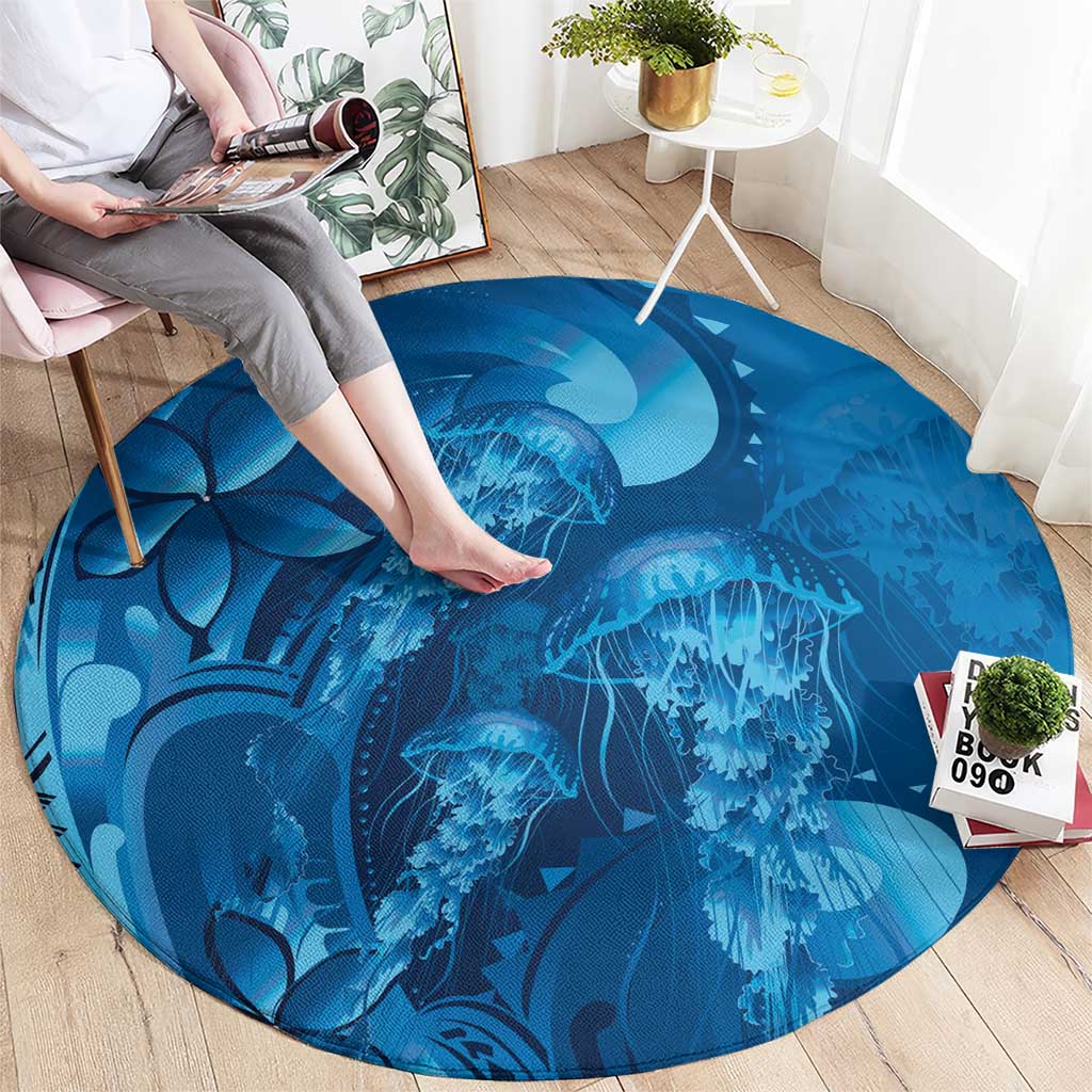 Blue Gradient Polynesia Jellyfish Round Carpet Plumeria Polynesian Tattoo Glowing Vibes