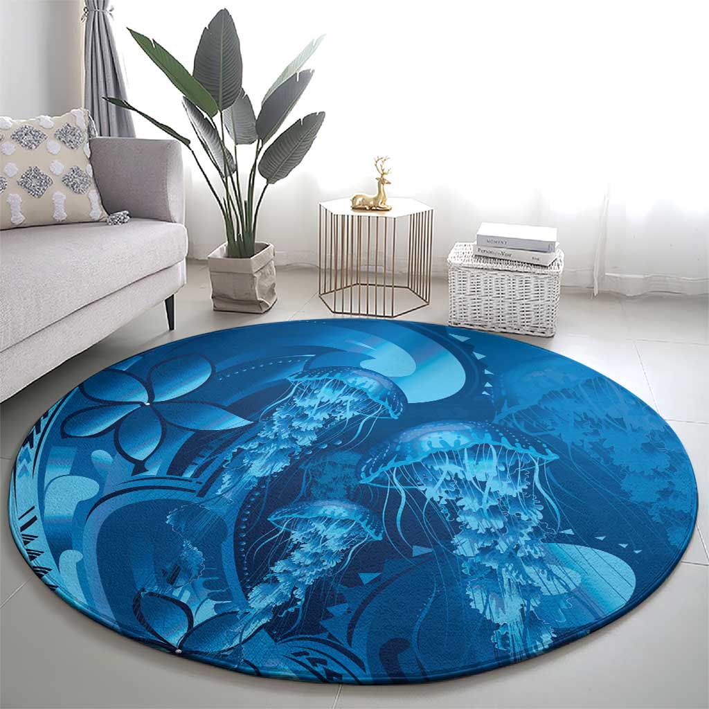 Blue Gradient Polynesia Jellyfish Round Carpet Plumeria Polynesian Tattoo Glowing Vibes