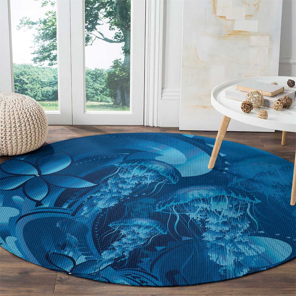 Blue Gradient Polynesia Jellyfish Round Carpet Plumeria Polynesian Tattoo Glowing Vibes