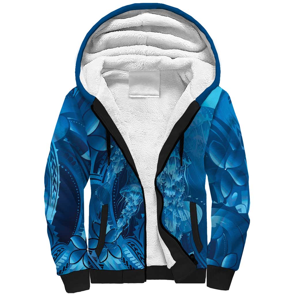 Blue Gradient Polynesia Jellyfish Sherpa Hoodie Plumeria Polynesian Tattoo Glowing Vibes