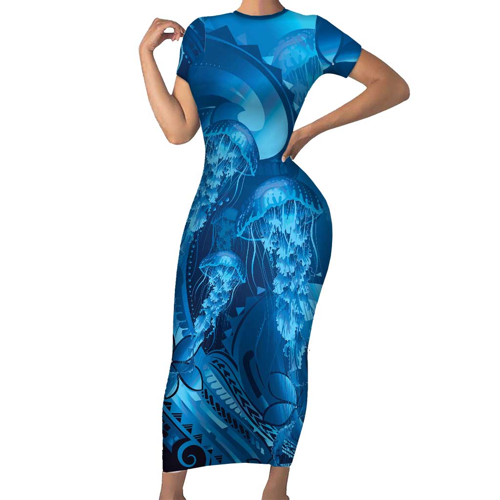 Blue Gradient Polynesia Jellyfish Short Sleeve Bodycon Dress Plumeria Polynesian Tattoo Glowing Vibes LT14 Long Dress Blue - Polynesian Pride