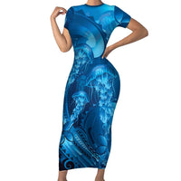 Blue Gradient Polynesia Jellyfish Short Sleeve Bodycon Dress Plumeria Polynesian Tattoo Glowing Vibes LT14 Long Dress Blue - Polynesian Pride