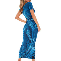 Blue Gradient Polynesia Jellyfish Short Sleeve Bodycon Dress Plumeria Polynesian Tattoo Glowing Vibes LT14 - Polynesian Pride