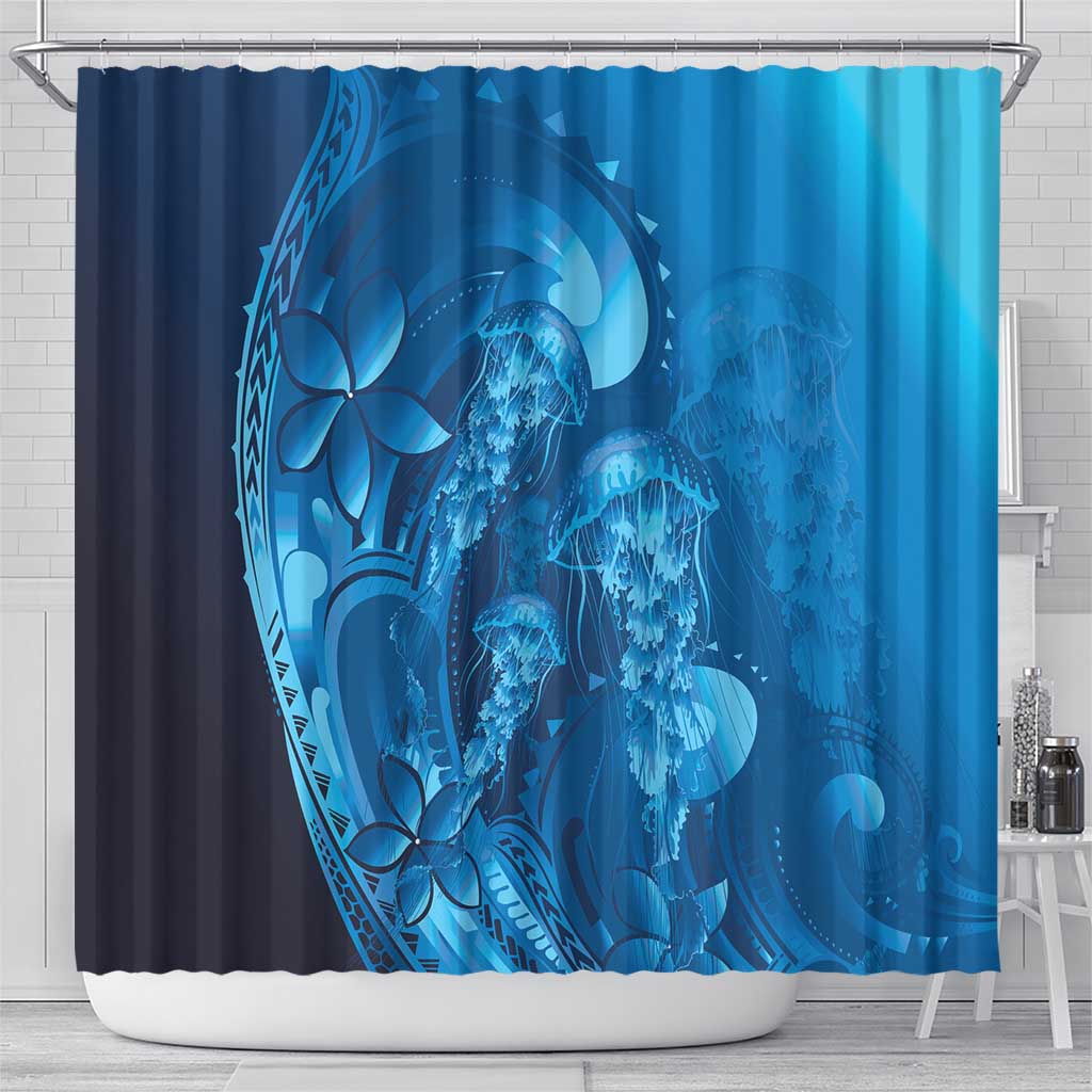 Blue Gradient Polynesia Jellyfish Shower Curtain Plumeria Polynesian Tattoo Glowing Vibes