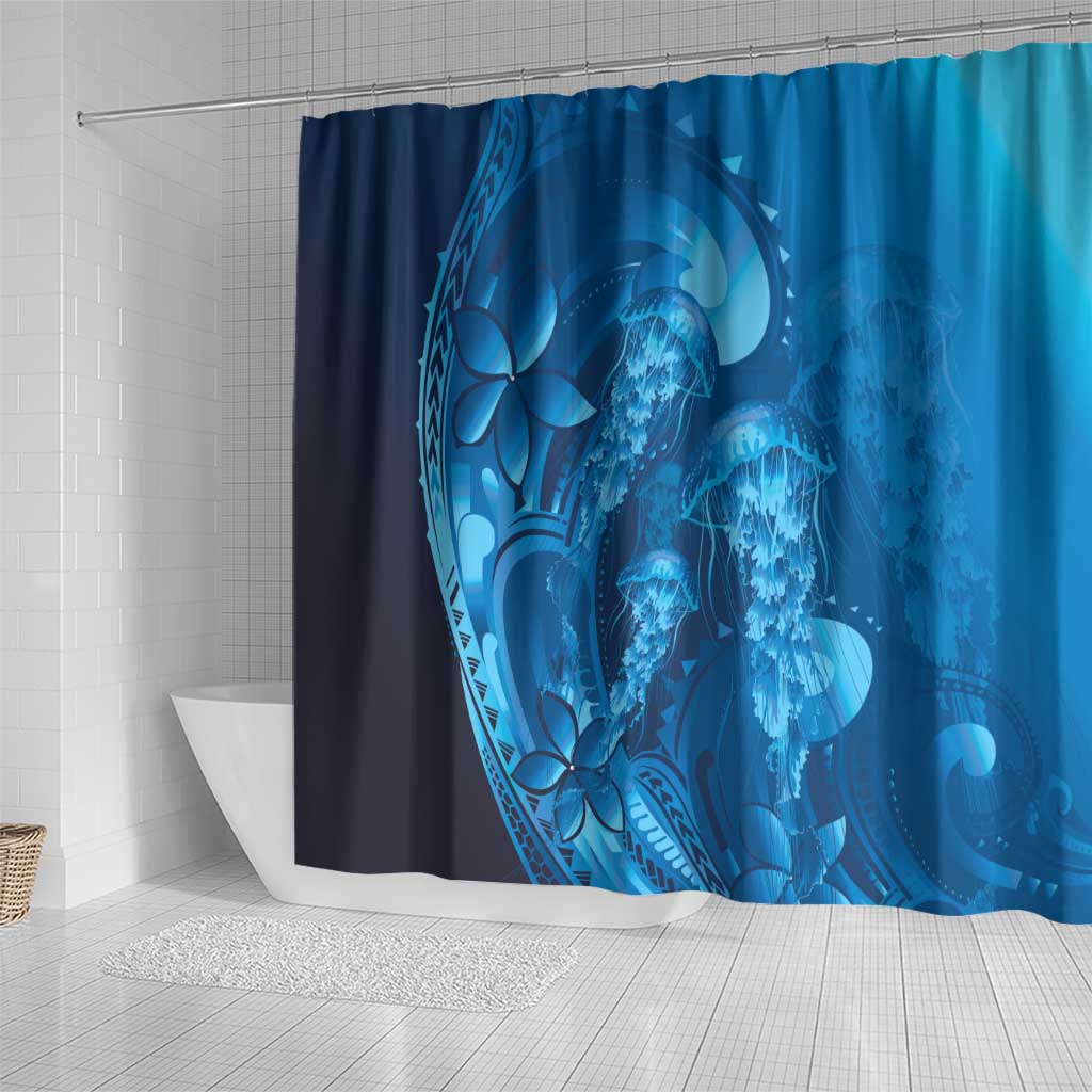Blue Gradient Polynesia Jellyfish Shower Curtain Plumeria Polynesian Tattoo Glowing Vibes