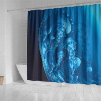 Blue Gradient Polynesia Jellyfish Shower Curtain Plumeria Polynesian Tattoo Glowing Vibes